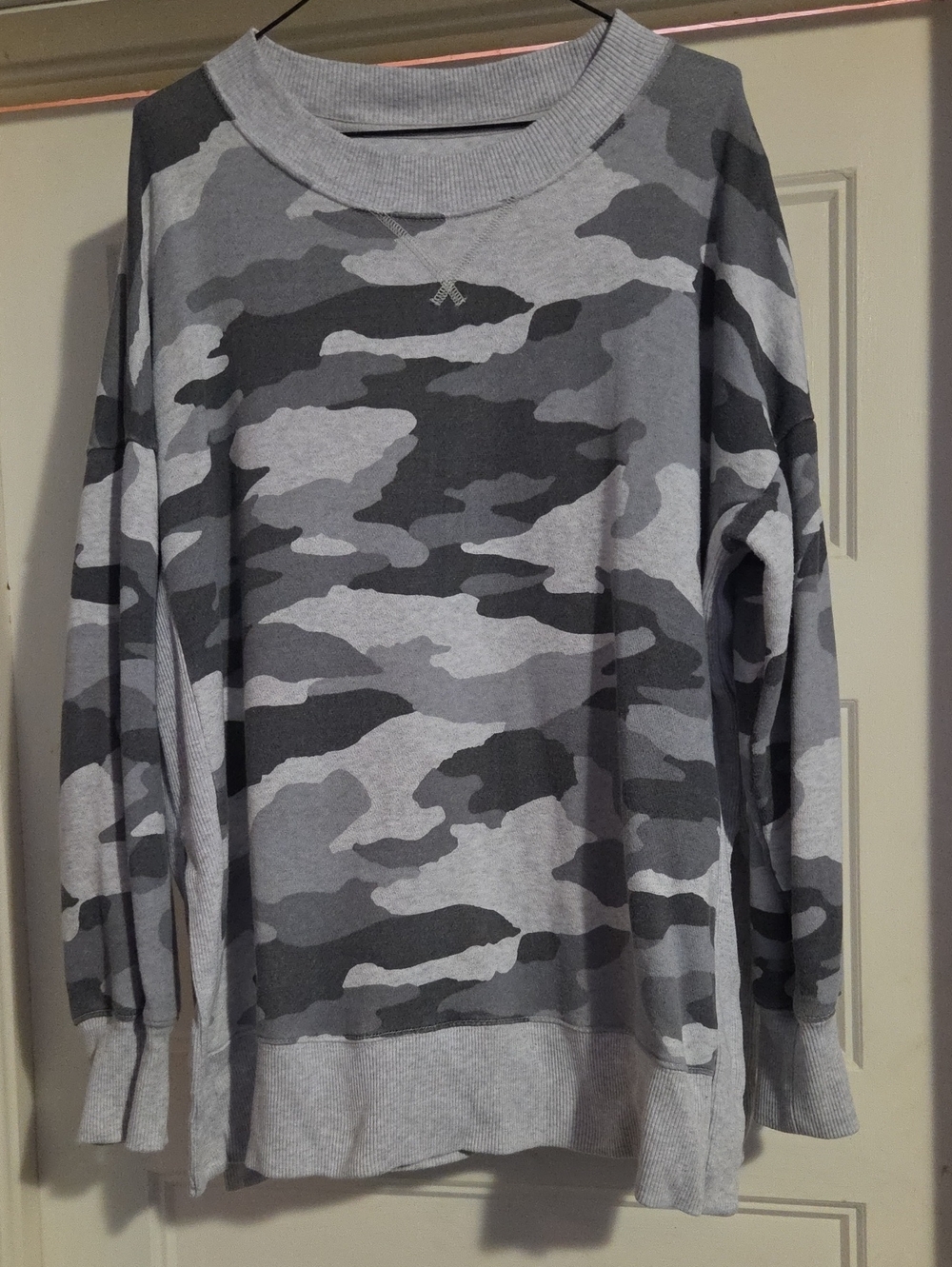 Womens Gray Camo Pullover Sweater